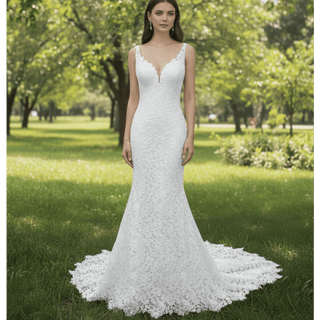 Elegant Multi-Lace Tank V-Neck Mermaid Wedding Dress - Rosymae