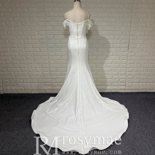 Elegant Off Shoulder Satin Mermaid Simple Wedding Dress with Leg Slit - Rosymae
