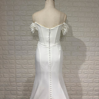 Elegant Off Shoulder Satin Mermaid Simple Wedding Dress with Leg Slit - Rosymae