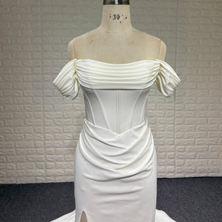 Elegant Off Shoulder Satin Mermaid Simple Wedding Dress with Leg Slit - Rosymae