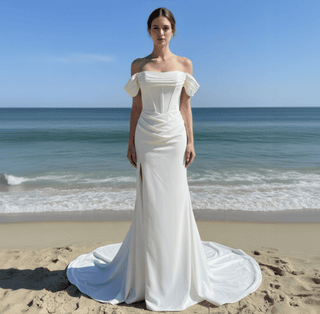 Elegant Off Shoulder Satin Mermaid Simple Wedding Dress with Leg Slit - Rosymae