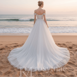 Elegant Off the Shoulder A Line Wedding Dresses with Sweetheart - Rosymae