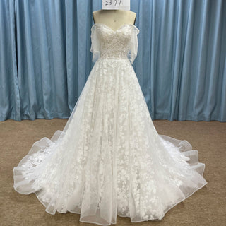 Elegant Off the Shoulder Floral Lace Ball Gown Wedding Dress - Rosymae