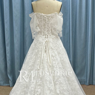Elegant Off the Shoulder Floral Lace Ball Gown Wedding Dress - Rosymae