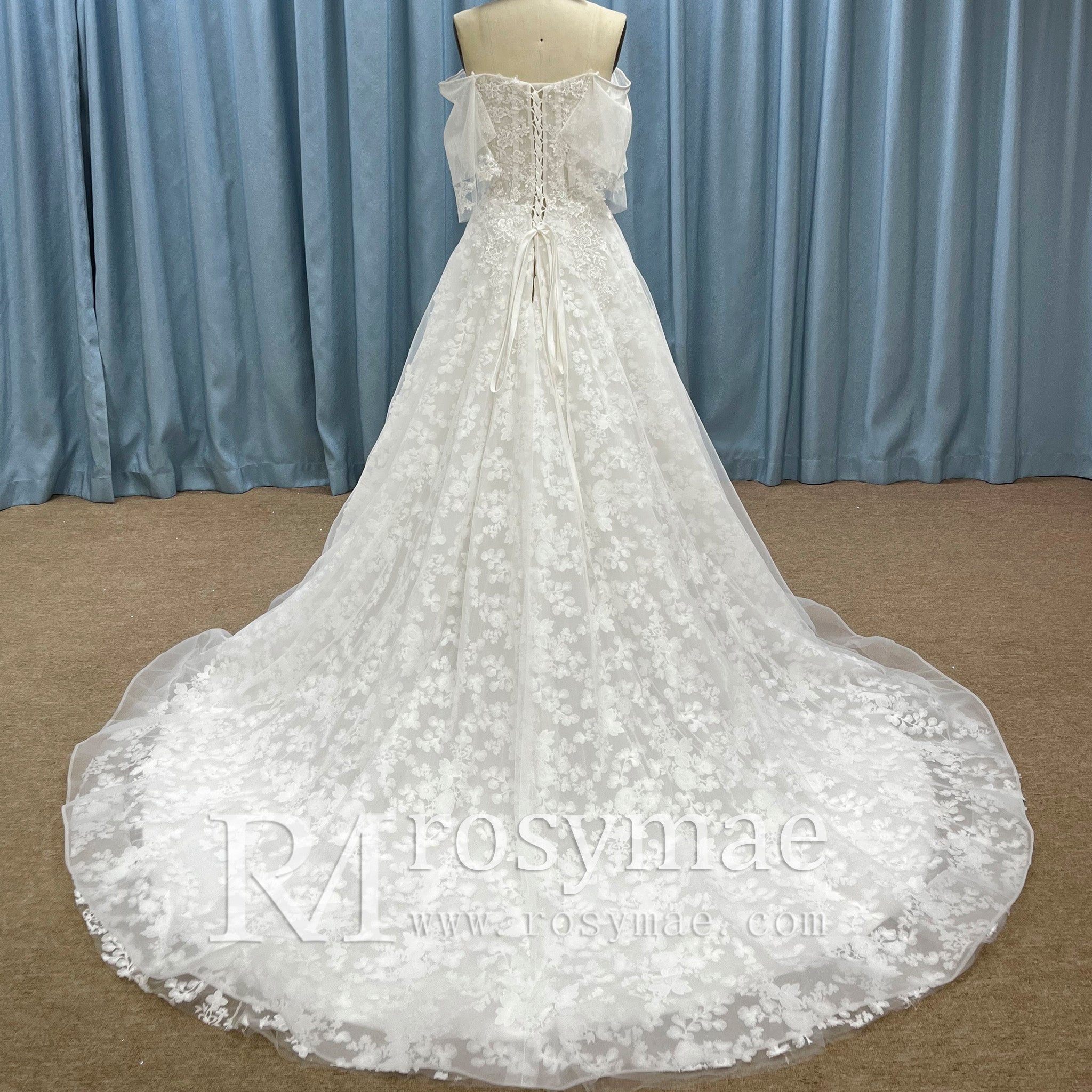 Elegant Off the Shoulder Floral Lace Ball Gown Wedding Dress - Rosymae