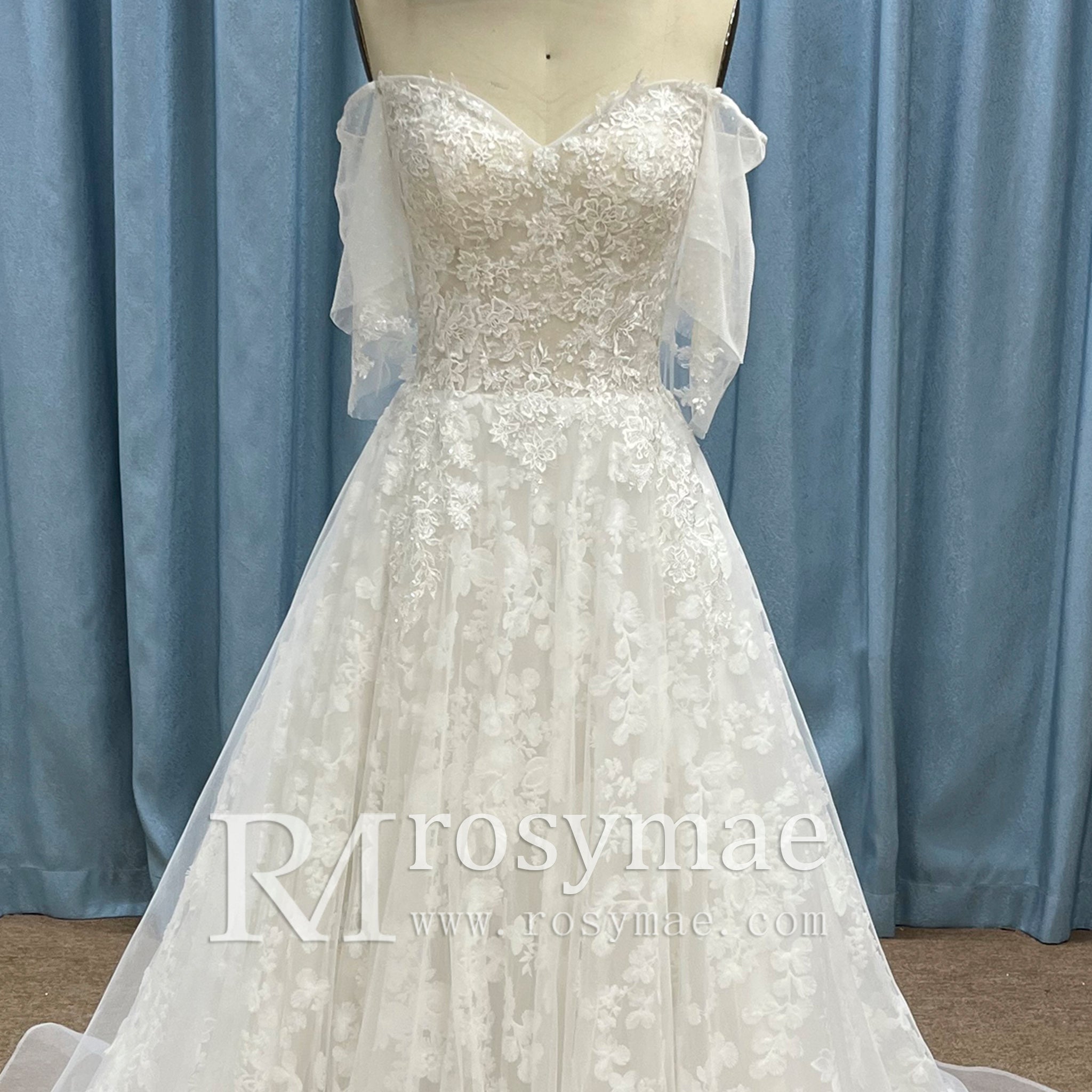 Elegant Off the Shoulder Floral Lace Ball Gown Wedding Dress - Rosymae