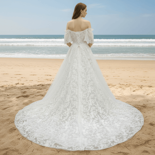 Elegant Off the Shoulder Floral Lace Ball Gown Wedding Dress - Rosymae