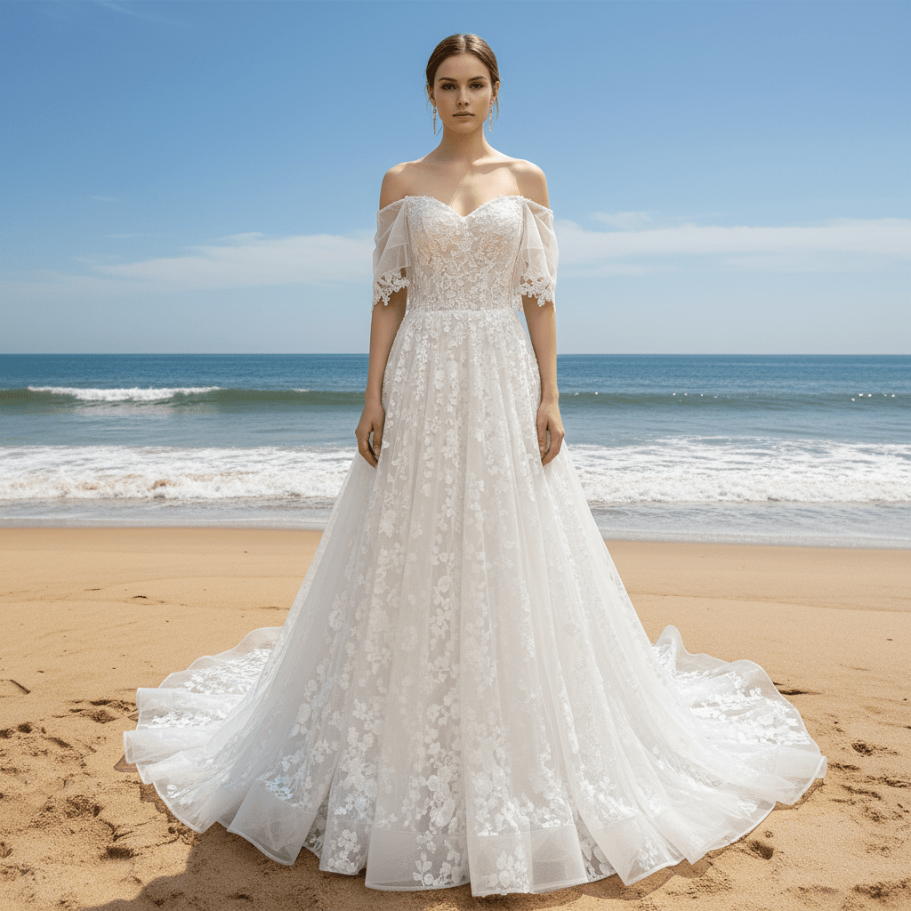 Elegant Off the Shoulder Floral Lace Ball Gown Wedding Dress - Rosymae