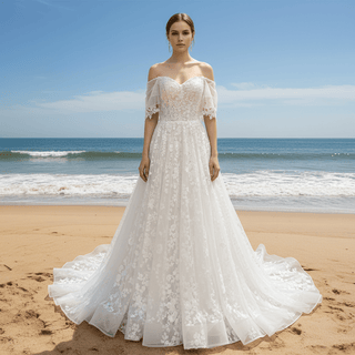 Elegant Off the Shoulder Floral Lace Ball Gown Wedding Dress - Rosymae