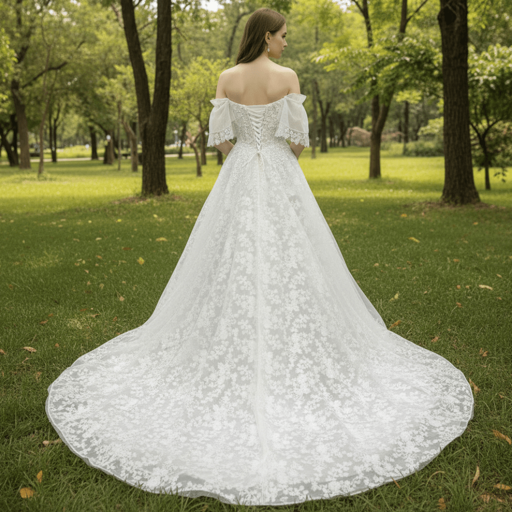 Elegant Off the Shoulder Floral Lace Ball Gown Wedding Dress - Rosymae