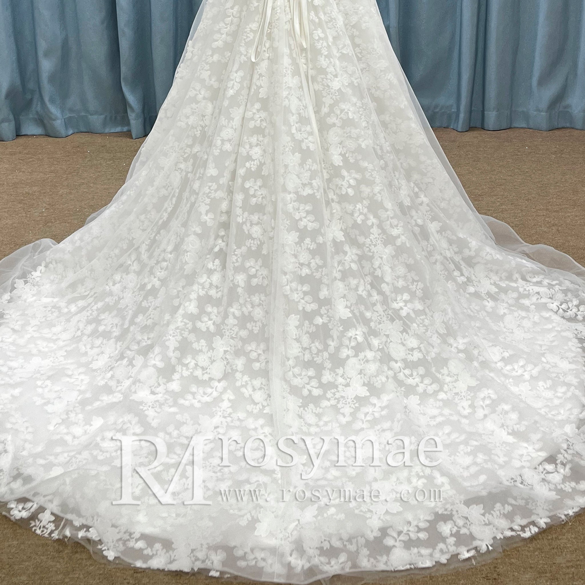 Elegant Off the Shoulder Floral Lace Ball Gown Wedding Dress - Rosymae