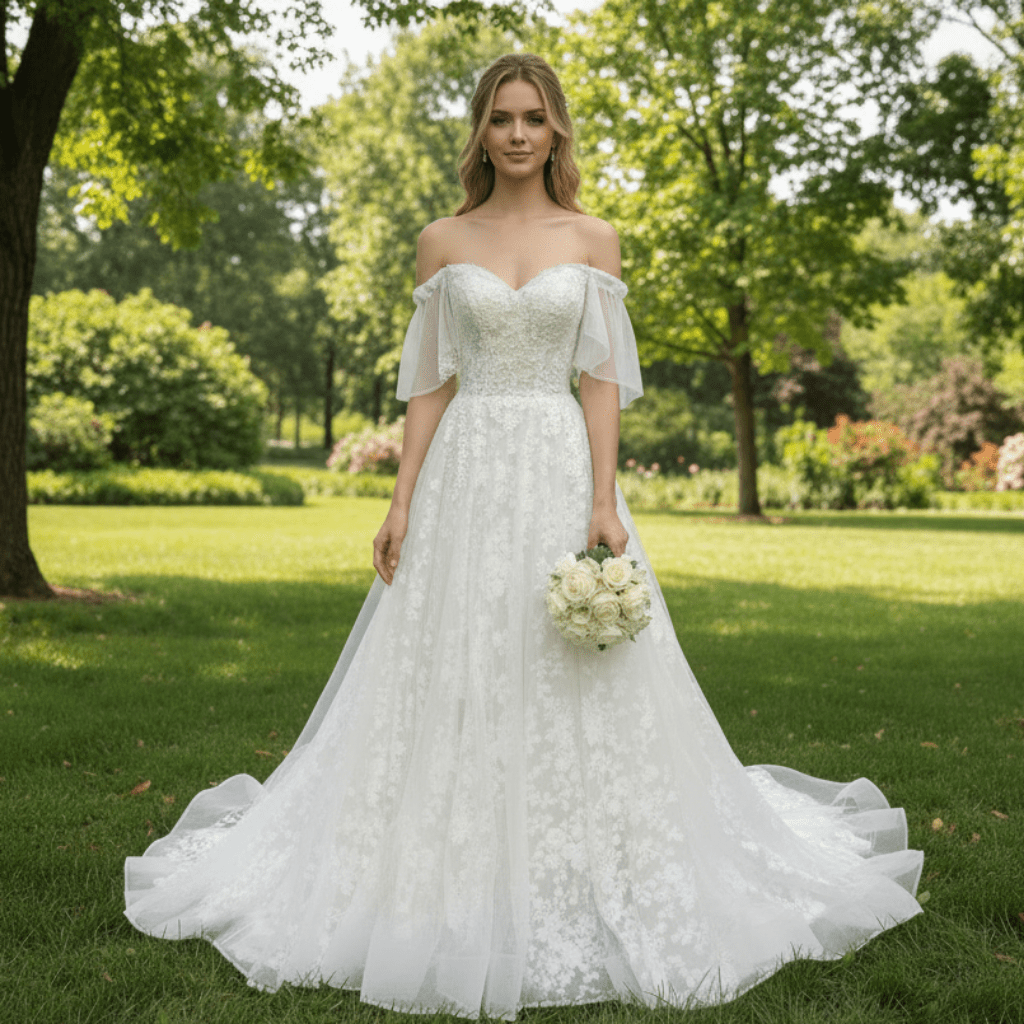 Elegant Off the Shoulder Floral Lace Ball Gown Wedding Dress - Rosymae