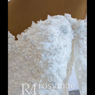 Elegant Off the Shoulder Lace Ball Gown Wedding Dress with Long Sleeves - Rosymae