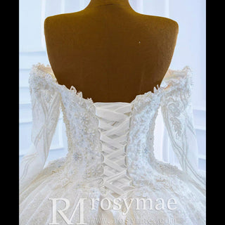 Elegant Off the Shoulder Lace Ball Gown Wedding Dress with Long Sleeves - Rosymae
