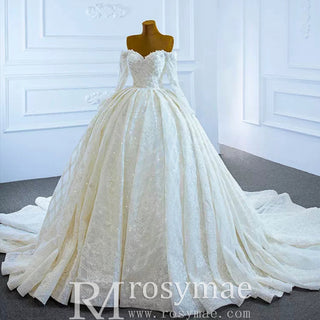 Elegant Off the Shoulder Lace Ball Gown Wedding Dress with Long Sleeves - Rosymae