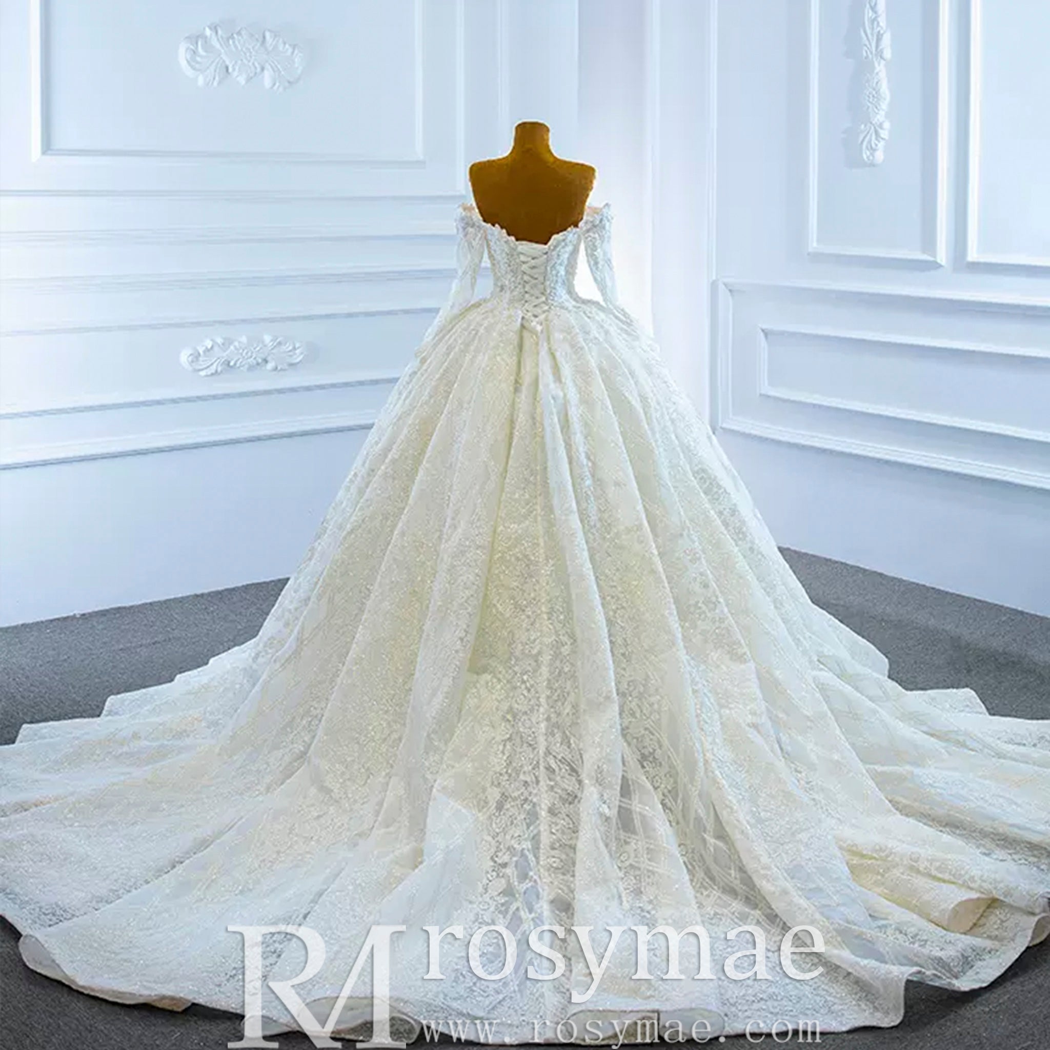 Elegant Off the Shoulder Lace Ball Gown Wedding Dress with Long Sleeves - Rosymae