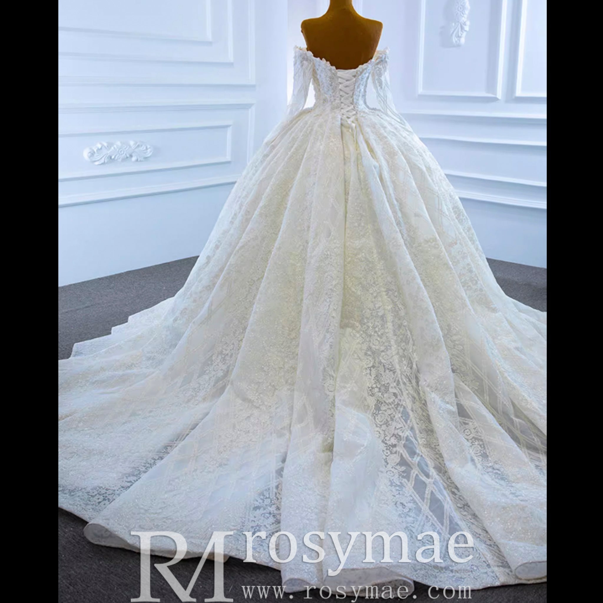 Elegant Off the Shoulder Lace Ball Gown Wedding Dress with Long Sleeves - Rosymae