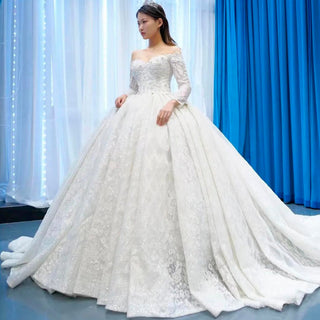 Elegant Off the Shoulder Lace Ball Gown Wedding Dress with Long Sleeves - Rosymae