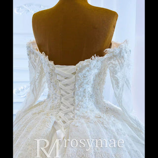 Elegant Off the Shoulder Lace Ball Gown Wedding Dress with Long Sleeves - Rosymae