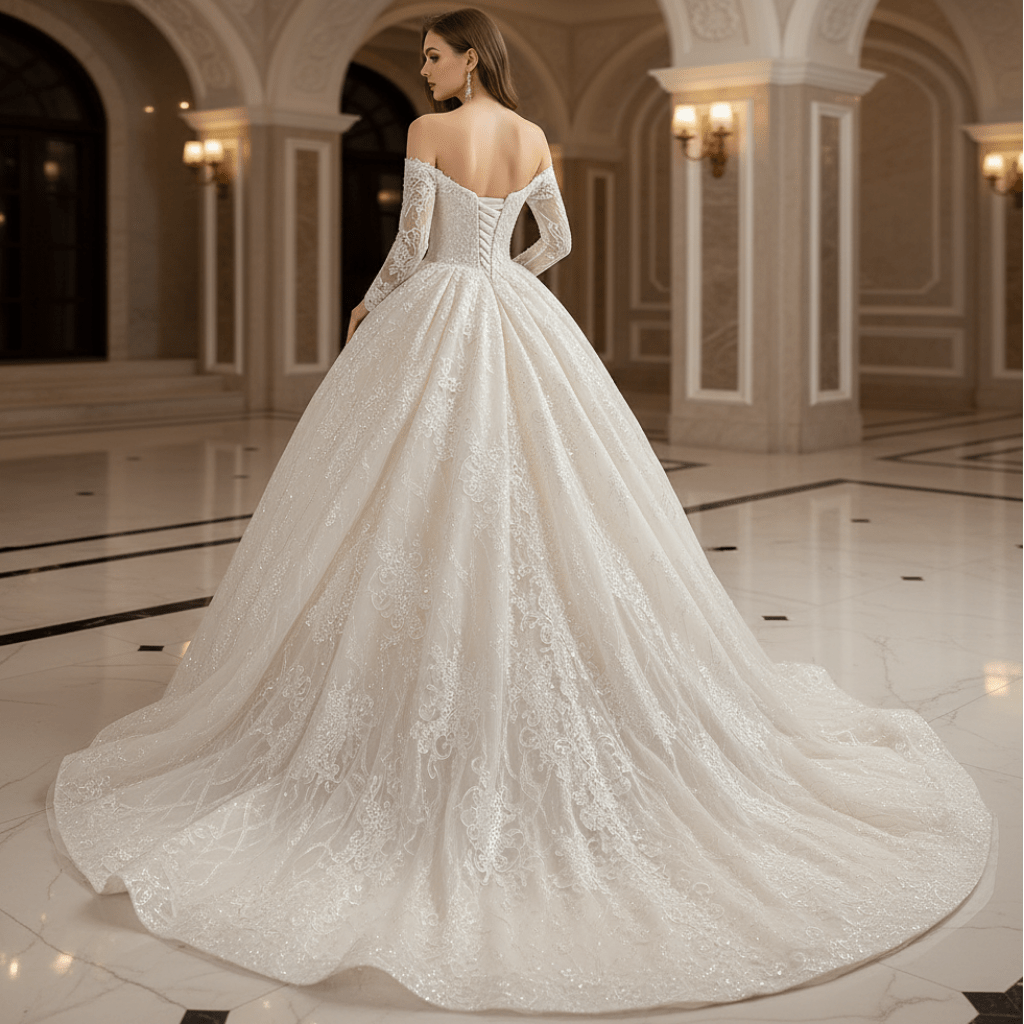 Elegant Off the Shoulder Lace Ball Gown Wedding Dress with Long Sleeves - Rosymae