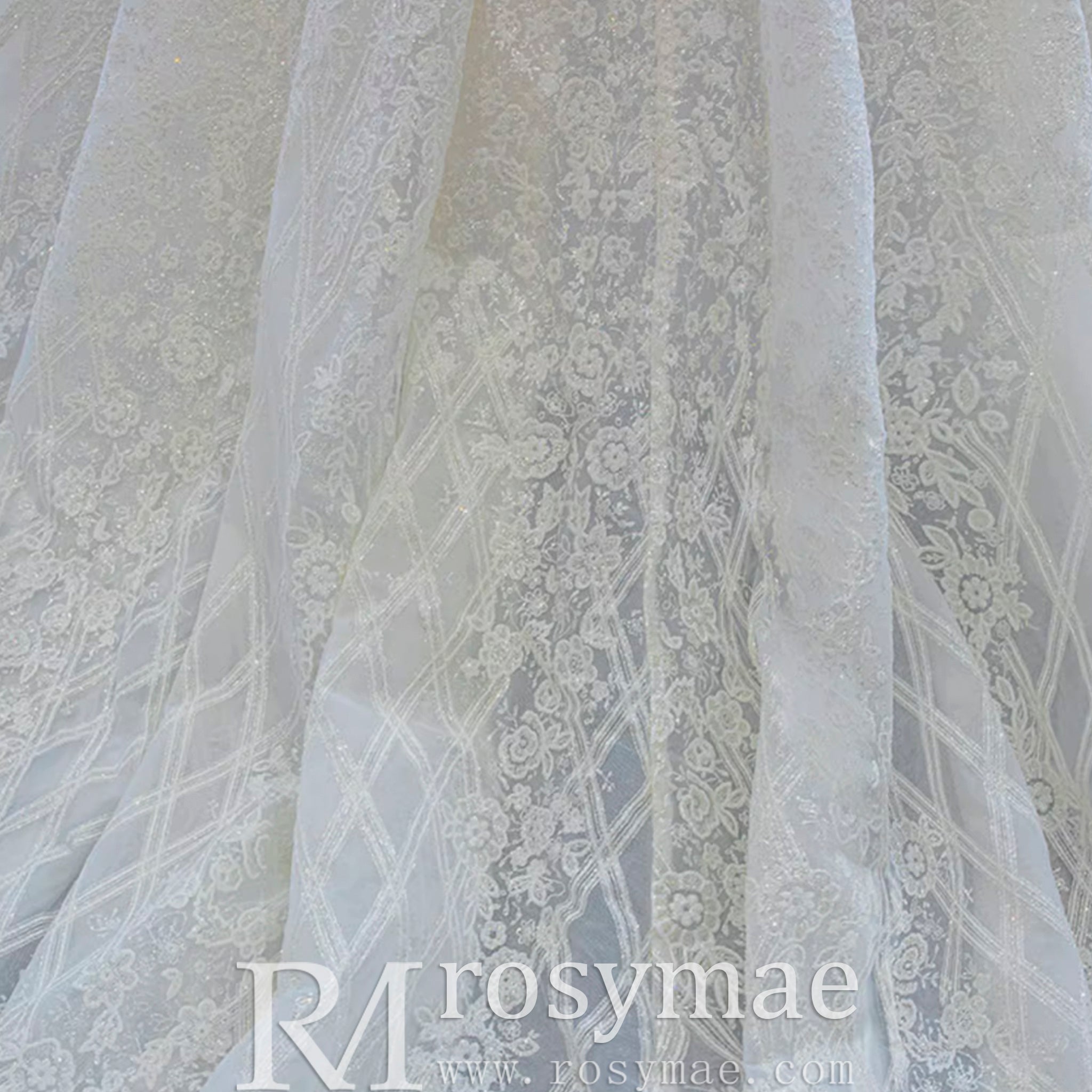 Elegant Off the Shoulder Lace Ball Gown Wedding Dress with Long Sleeves - Rosymae