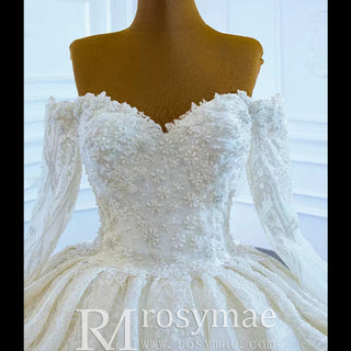 Elegant Off the Shoulder Lace Ball Gown Wedding Dress with Long Sleeves - Rosymae