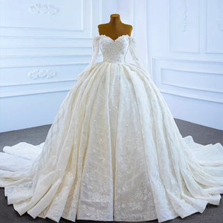 Elegant Off the Shoulder Lace Ball Gown Wedding Dress with Long Sleeves - Rosymae