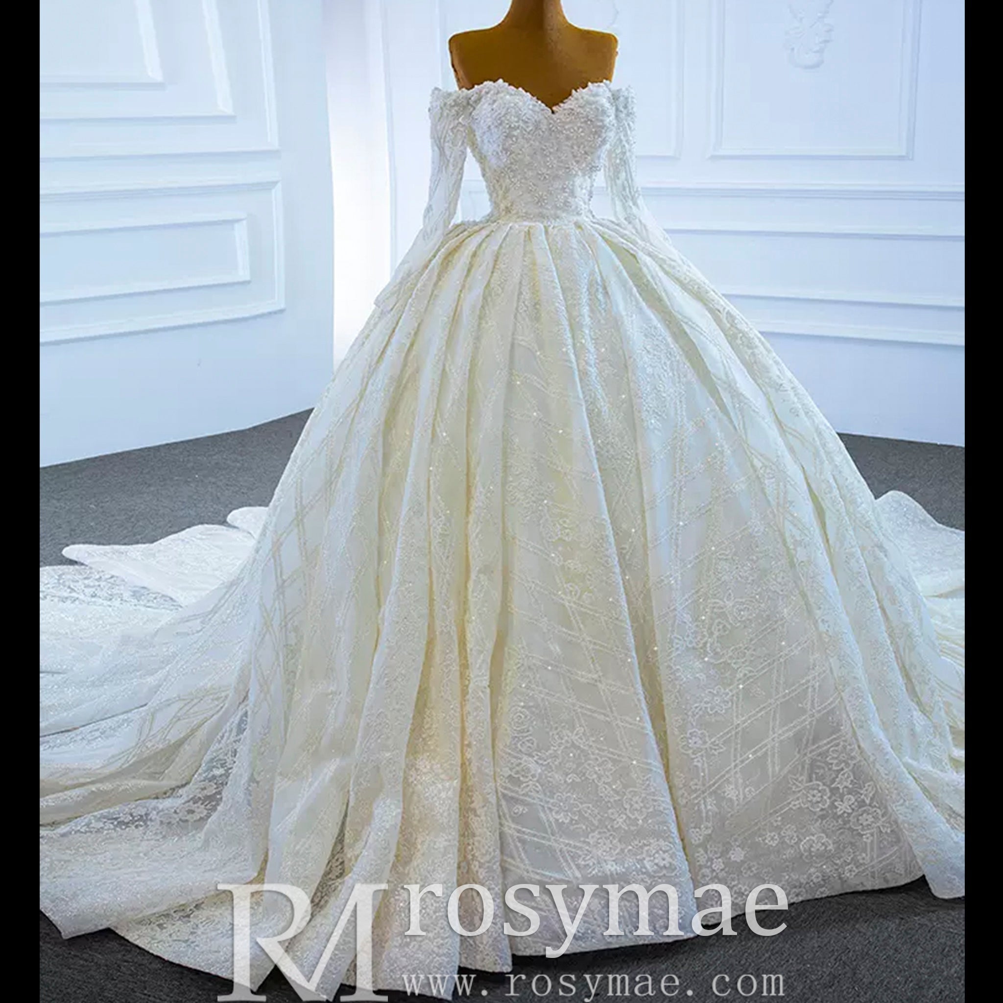 Elegant Off the Shoulder Lace Ball Gown Wedding Dress with Long Sleeves - Rosymae