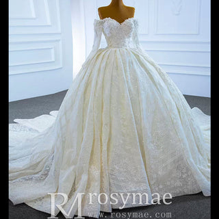 Elegant Off the Shoulder Lace Ball Gown Wedding Dress with Long Sleeves - Rosymae