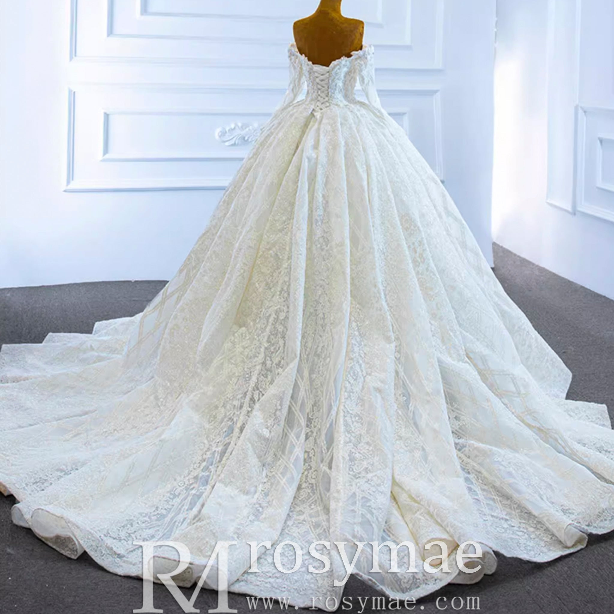 Elegant Off the Shoulder Lace Ball Gown Wedding Dress with Long Sleeves - Rosymae