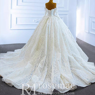 Elegant Off the Shoulder Lace Ball Gown Wedding Dress with Long Sleeves - Rosymae