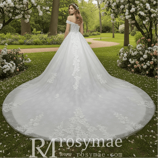 Elegant Off the Shoulder Mesh Wedding Dress with Sheer Bodice - Rosymae