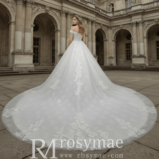 Elegant Off the Shoulder Mesh Wedding Dress with Sheer Bodice - Rosymae