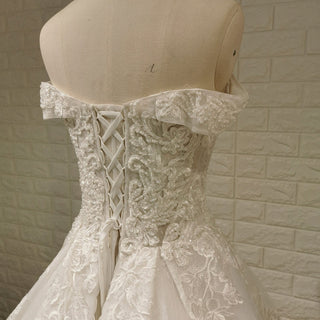 Elegant Off the Shoulder Mesh Wedding Dress with Sheer Bodice - Rosymae
