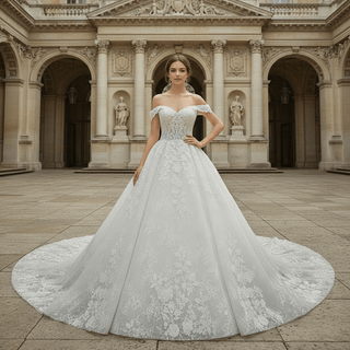 Elegant Off the Shoulder Mesh Wedding Dress with Sheer Bodice - Rosymae