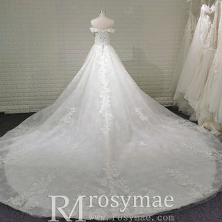Elegant Off the Shoulder Mesh Wedding Dress with Sheer Bodice - Rosymae