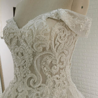 Elegant Off the Shoulder Mesh Wedding Dress with Sheer Bodice - Rosymae