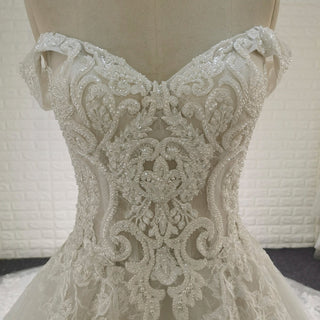Elegant Off the Shoulder Mesh Wedding Dress with Sheer Bodice - Rosymae