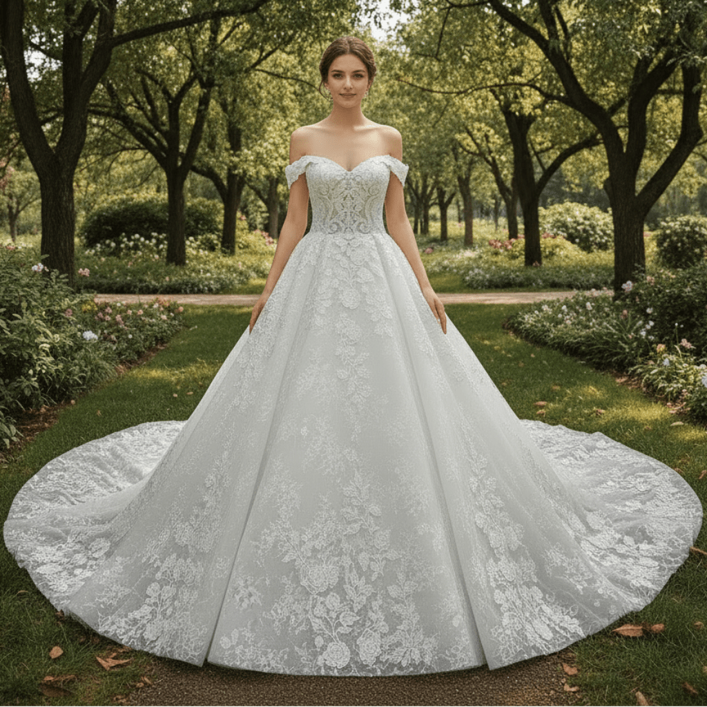 Elegant Off the Shoulder Mesh Wedding Dress with Sheer Bodice