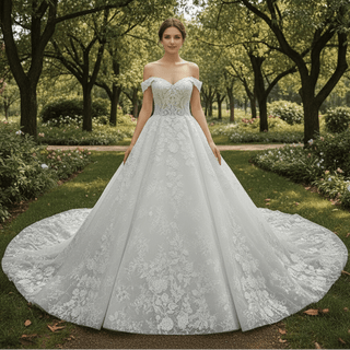 Elegant Off the Shoulder Mesh Wedding Dress with Sheer Bodice - Rosymae