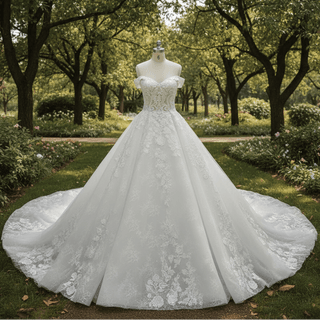 Elegant Off the Shoulder Mesh Wedding Dress with Sheer Bodice - Rosymae