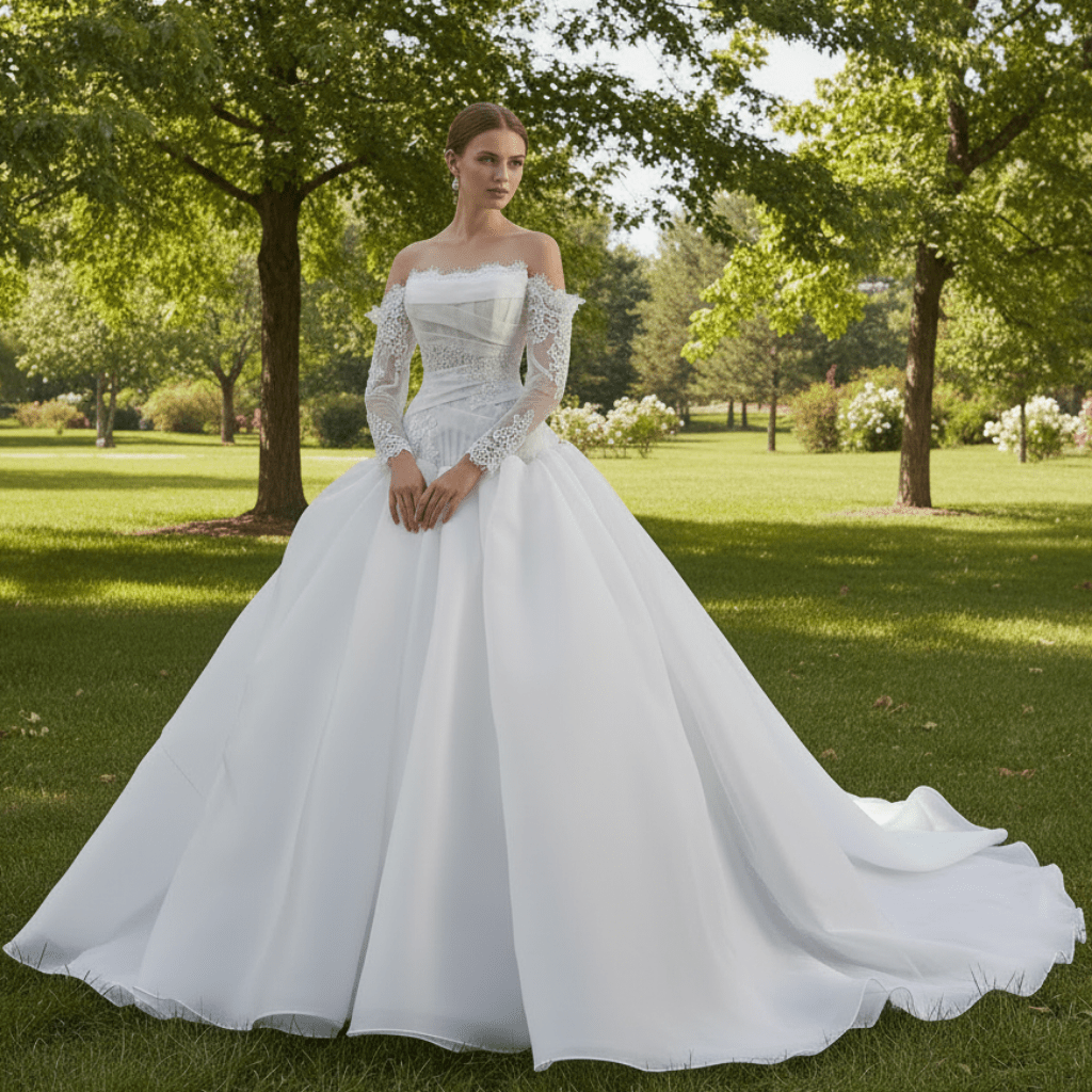 Elegant Off-the-Shoulder Organza Wedding Dress with Ruffle Skirt - Rosymae