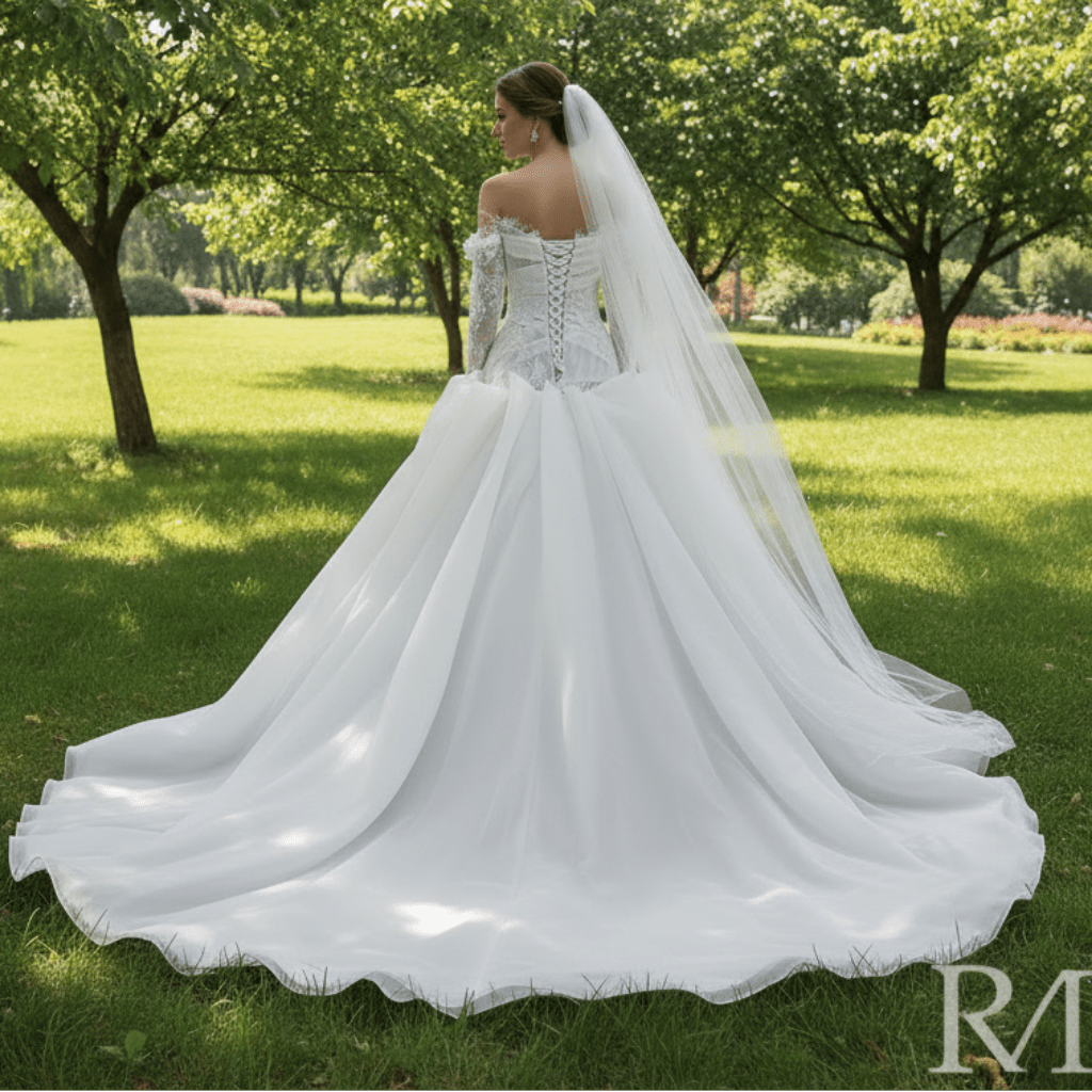 Elegant Off-the-Shoulder Organza Wedding Dress with Ruffle Skirt - Rosymae