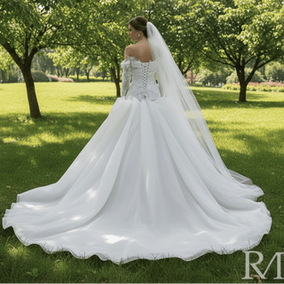 Elegant Off-the-Shoulder Organza Wedding Dress with Ruffle Skirt - Rosymae