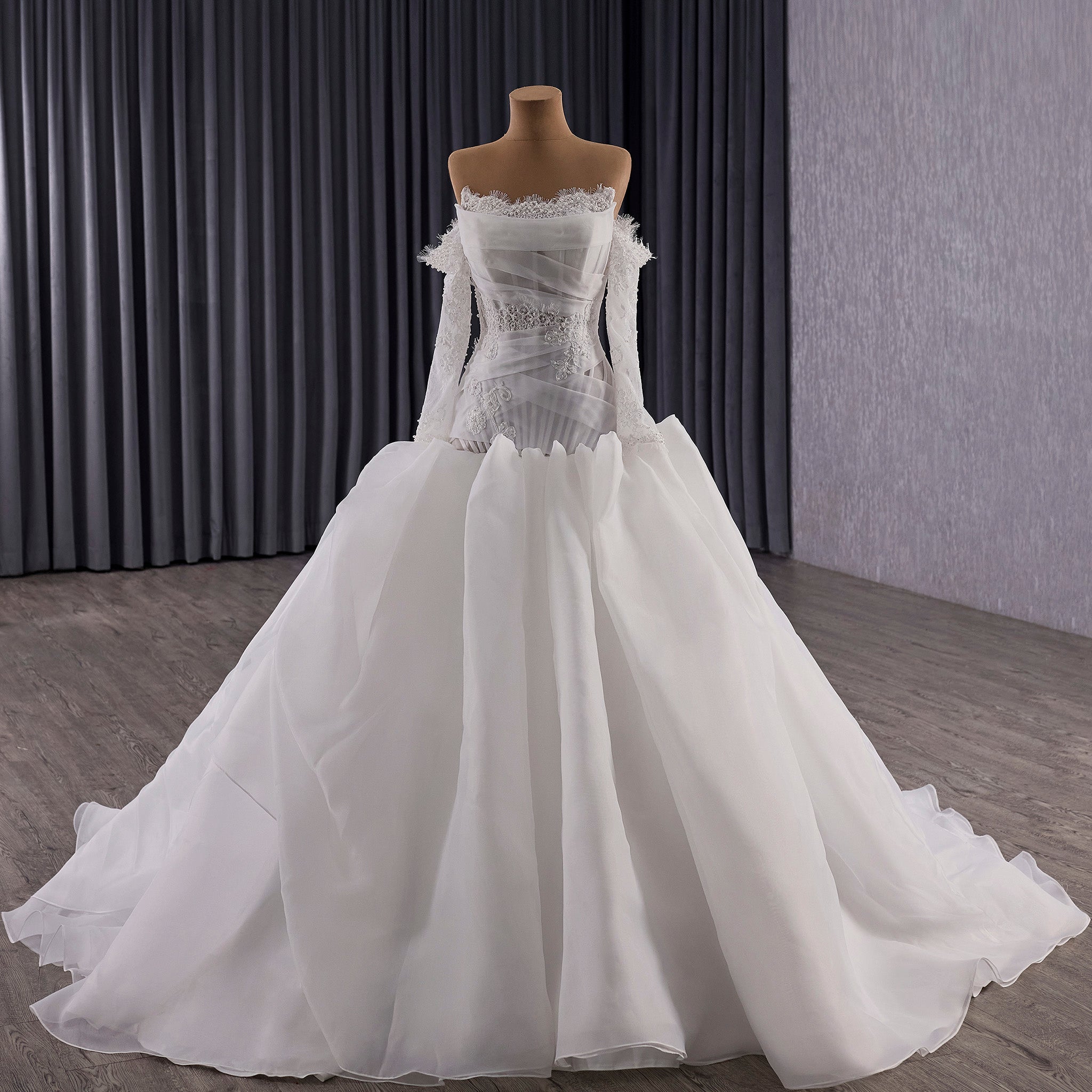 Elegant Off-the-Shoulder Organza Wedding Dress with Ruffle Skirt - Rosymae
