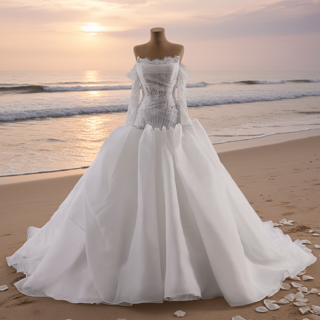Elegant Off-the-Shoulder Organza Wedding Dress with Ruffle Skirt - Rosymae