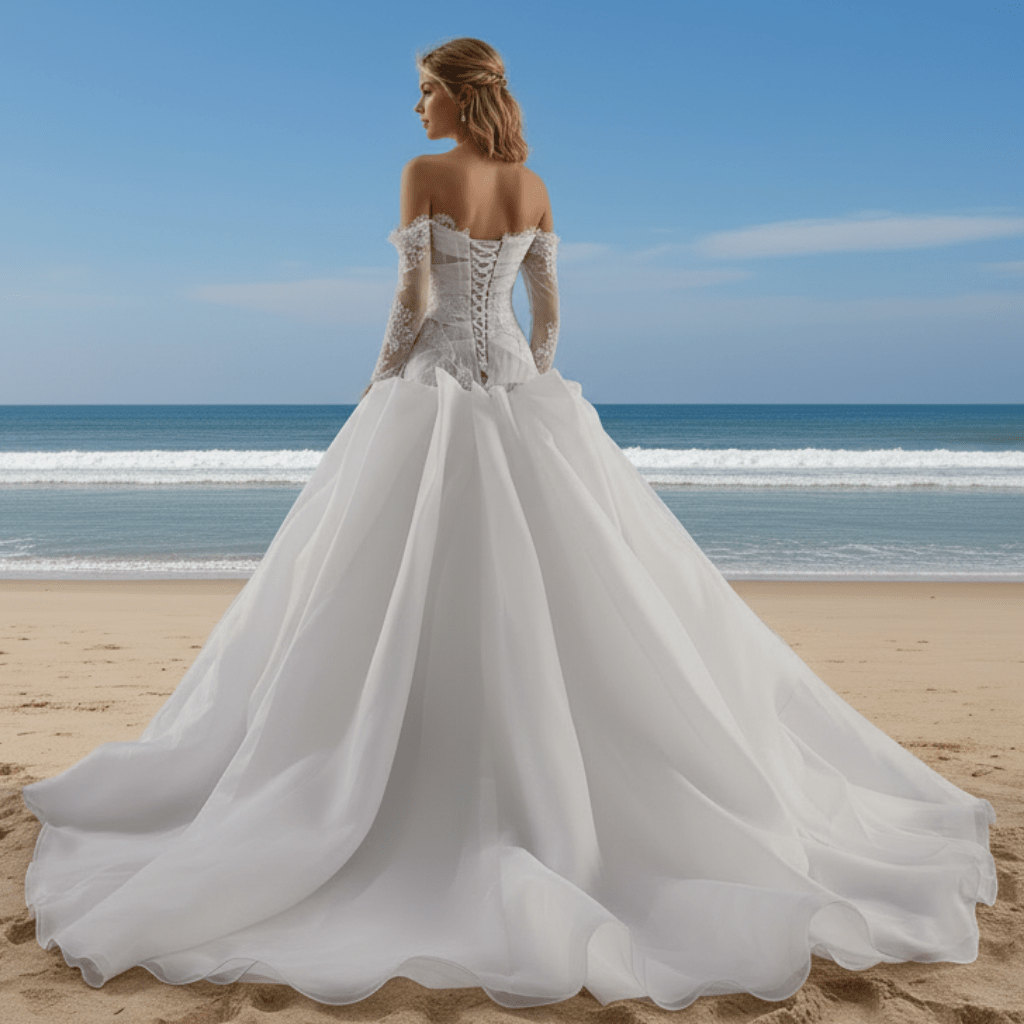 Elegant Off-the-Shoulder Organza Wedding Dress with Ruffle Skirt - Rosymae
