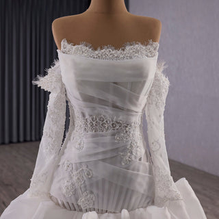 Elegant Off-the-Shoulder Organza Wedding Dress with Ruffle Skirt - Rosymae