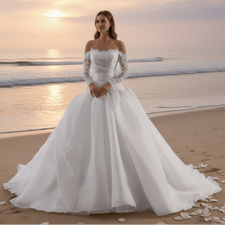Elegant Off-the-Shoulder Organza Wedding Dress with Ruffle Skirt - Rosymae