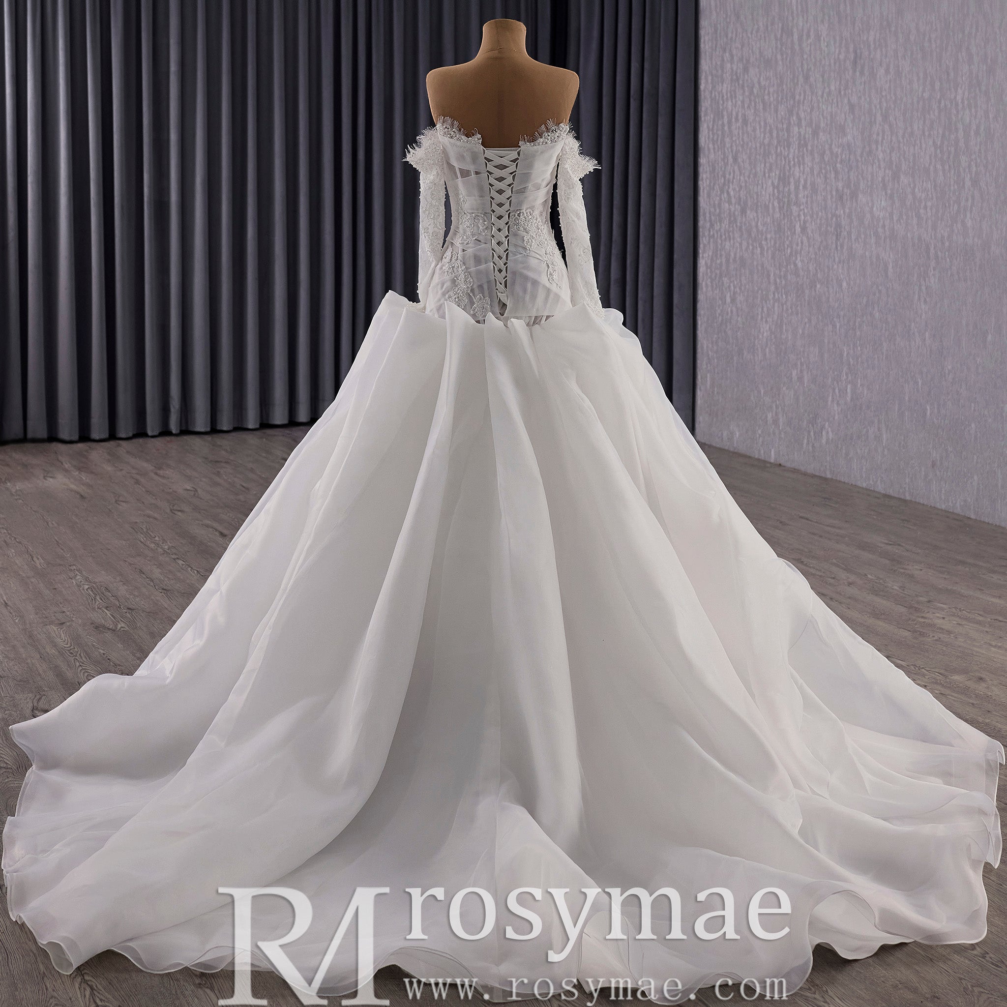 Elegant Off-the-Shoulder Organza Wedding Dress with Ruffle Skirt - Rosymae